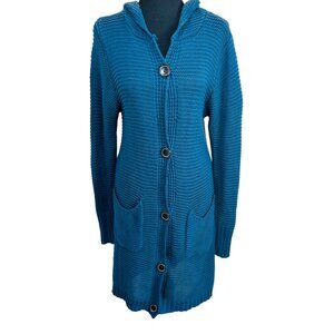 Easel Los Angeles Blue Hooded Button-Up Knit Long Cardigan Sweater Womens S/M